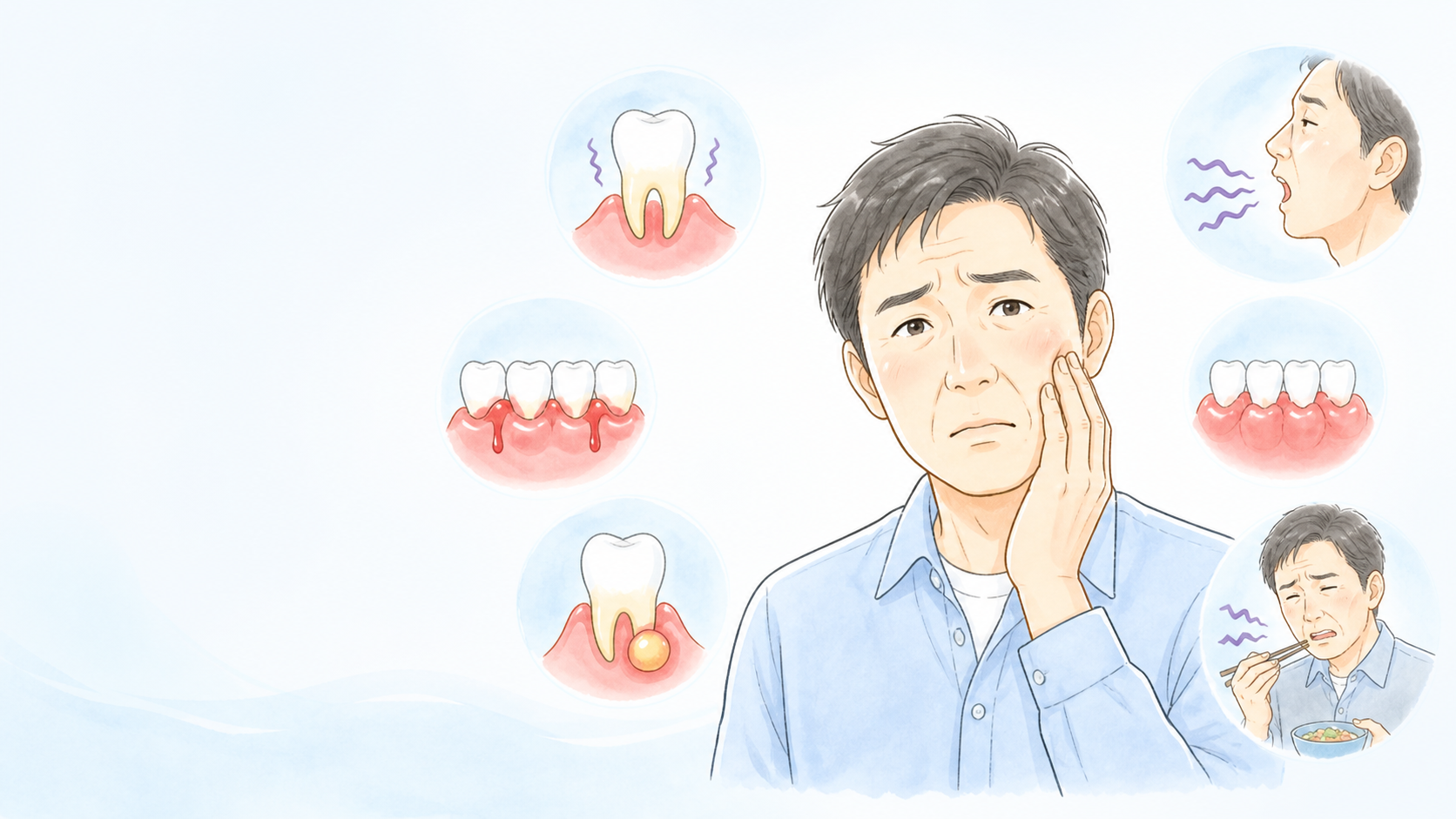 歯周病の症状に悩む男性患者と、出血、腫れ、口臭、歯の揺れを示すイラスト